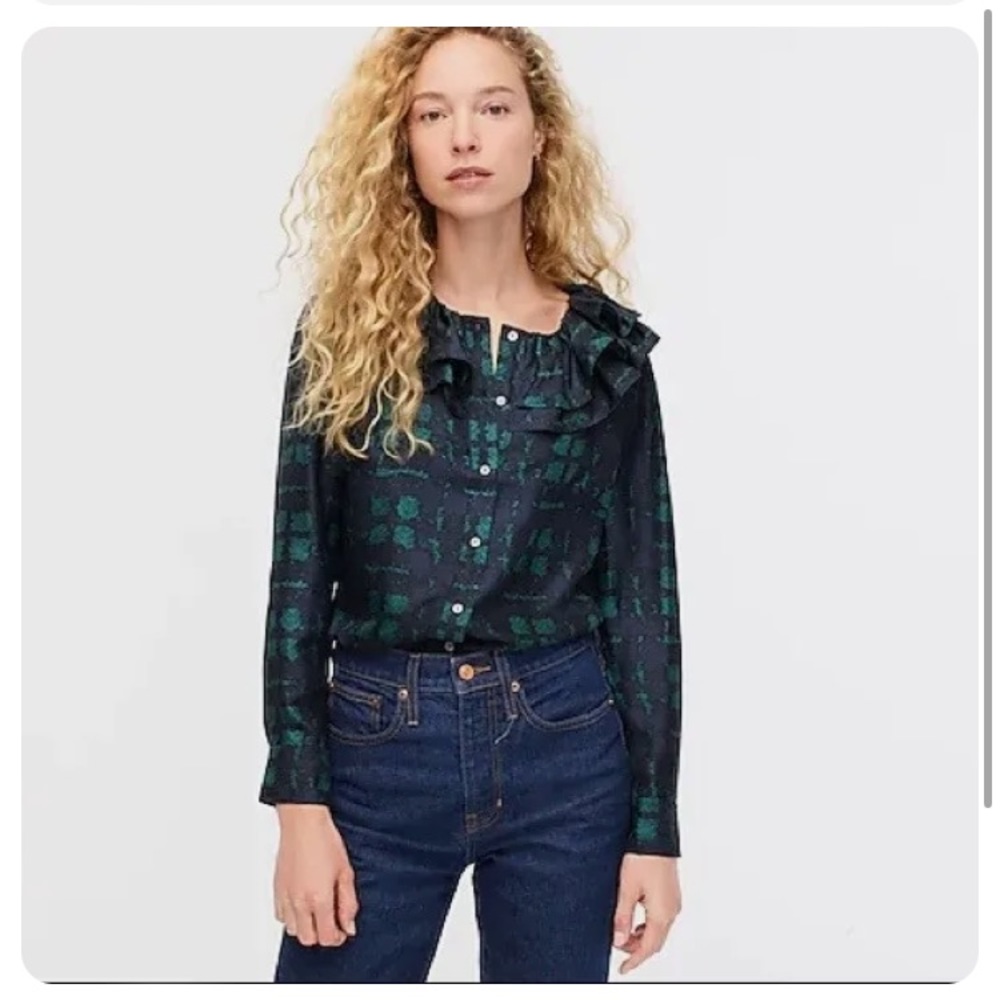 J.Crew Collection silk twill ruffle-collar top in plaid Size S